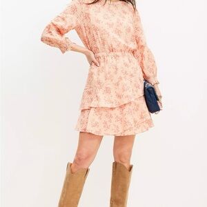 NWT LOFT Womens Meadow Tiered Floral Sunrise peach Mini Dress Long Sleeve Sz M